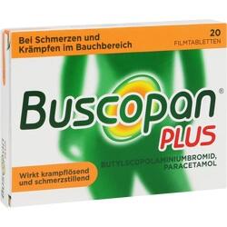 Packung von Buscopan Plus zur Linderung von Bauchschmerzen und Krämpfen.